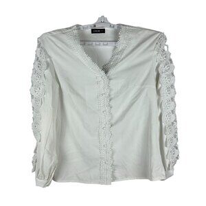 ChicMe White Long Sleeve Blouse With Lace Trim & Button Closure Size L